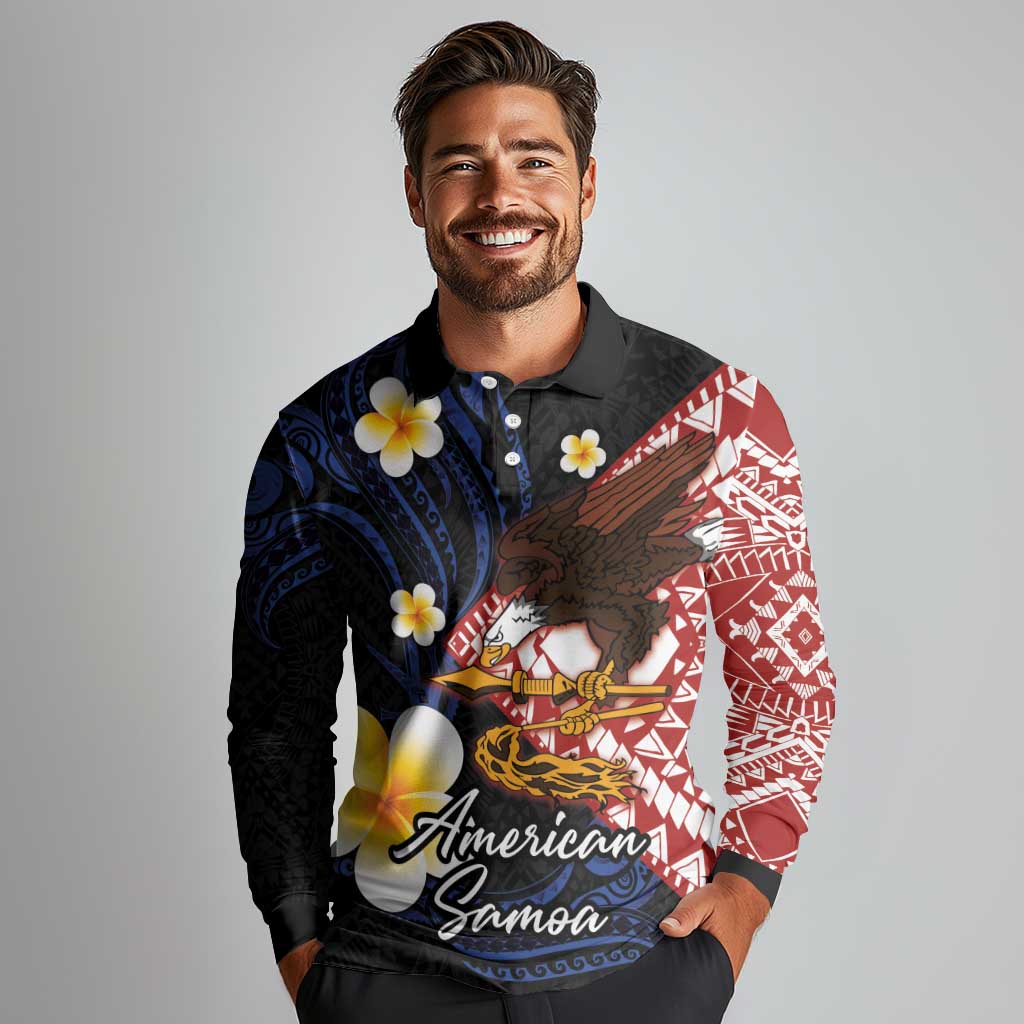 American Samoa Flag Day Long Sleeve Polo Shirt Polynesian Tatau Art and Plumeria