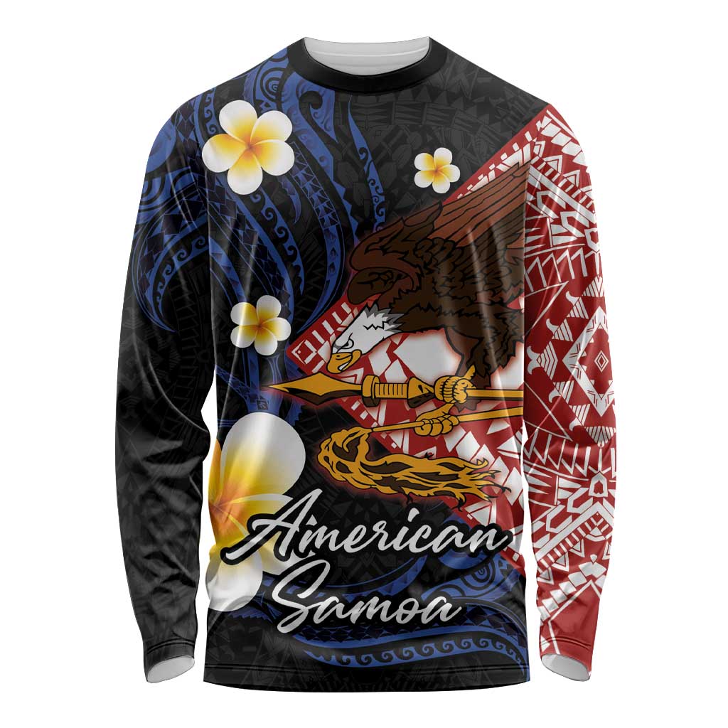 American Samoa Flag Day Long Sleeve Shirt Polynesian Tatau Art and Plumeria LT03 Unisex Black - Polynesian Pride