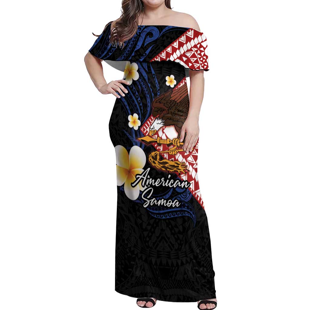 American Samoa Flag Day Off Shoulder Maxi Dress Polynesian Tatau Art and Plumeria