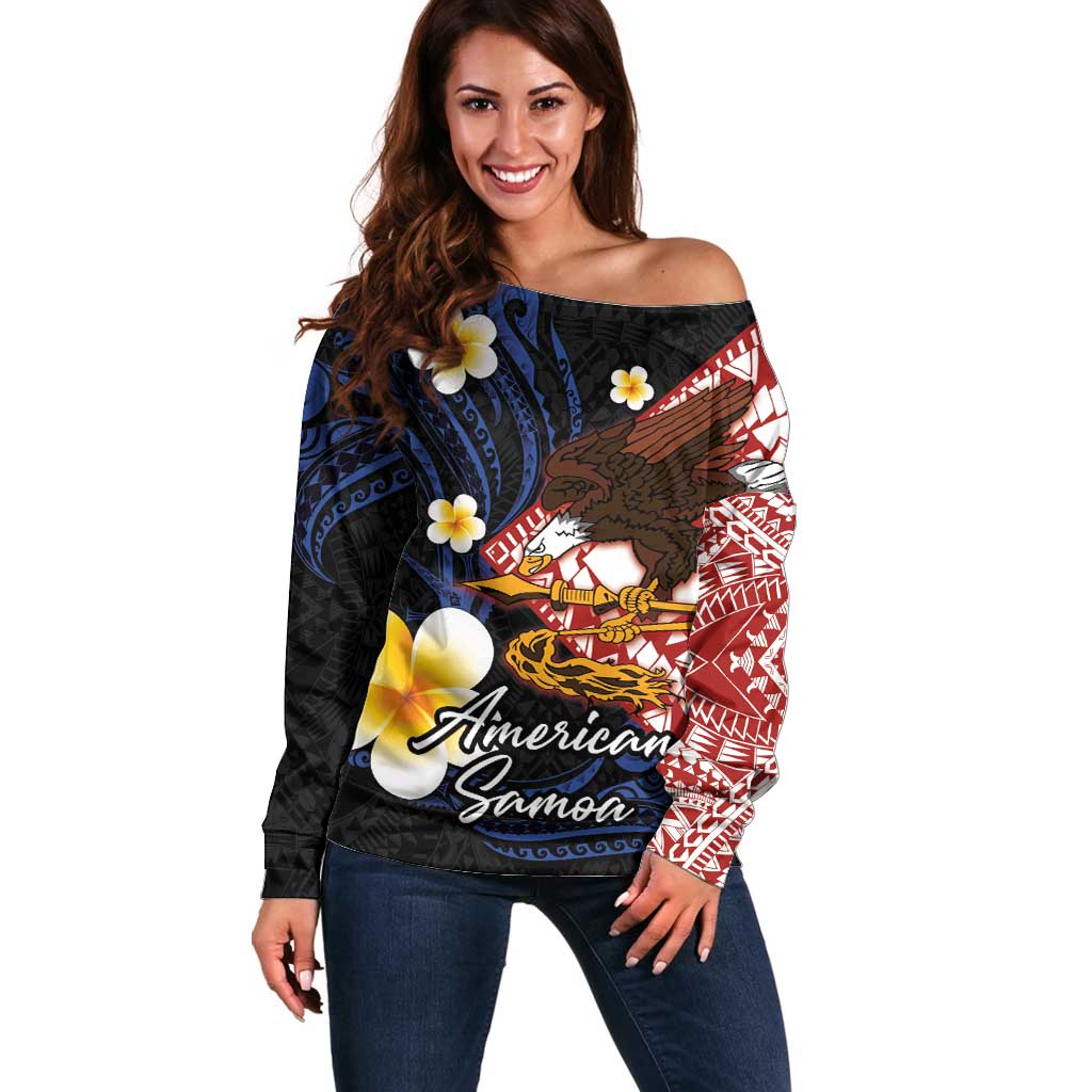 American Samoa Flag Day Off Shoulder Sweater Polynesian Tatau Art and Plumeria LT03 Women Black - Polynesian Pride