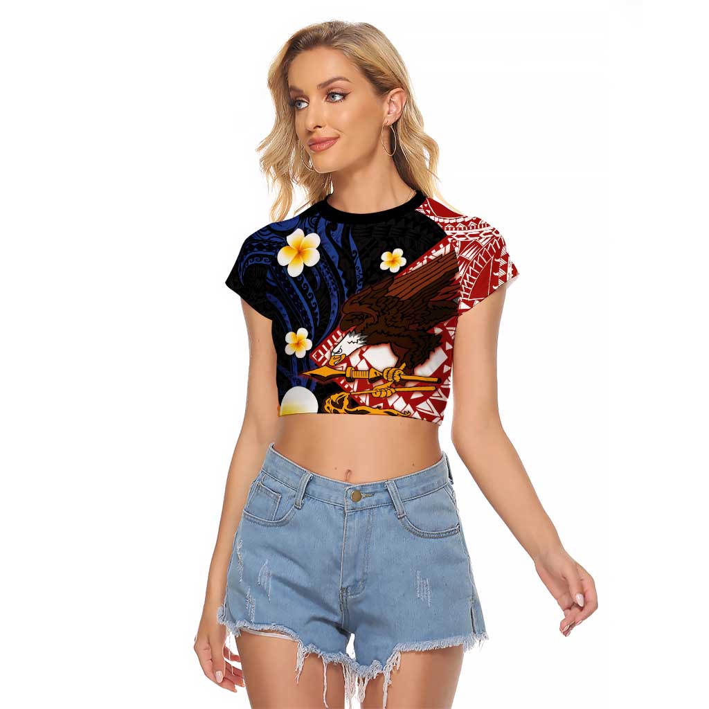 American Samoa Flag Day Raglan Cropped T Shirt Polynesian Tatau Art and Plumeria LT03 Female Black - Polynesian Pride