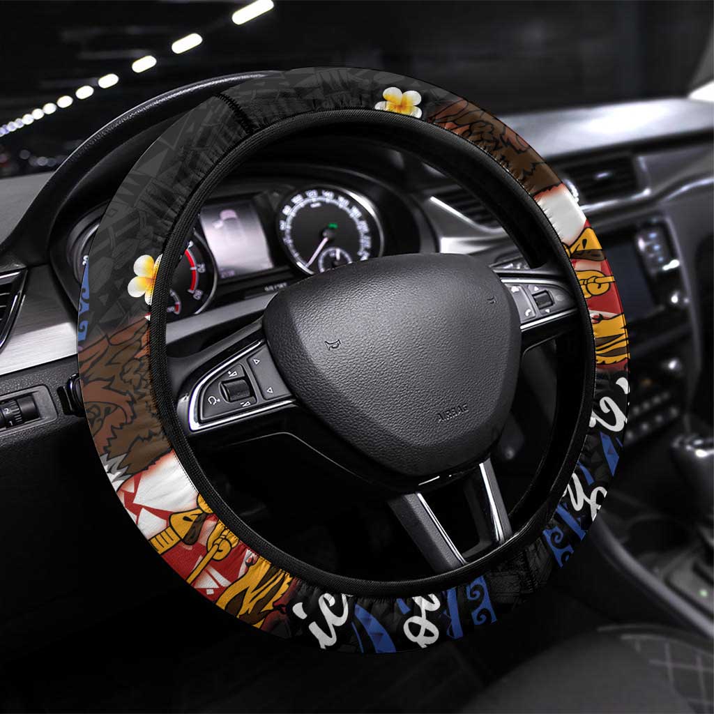American Samoa Flag Day Steering Wheel Cover Polynesian Tatau Art and Plumeria LT03 Universal Fit Black - Polynesian Pride