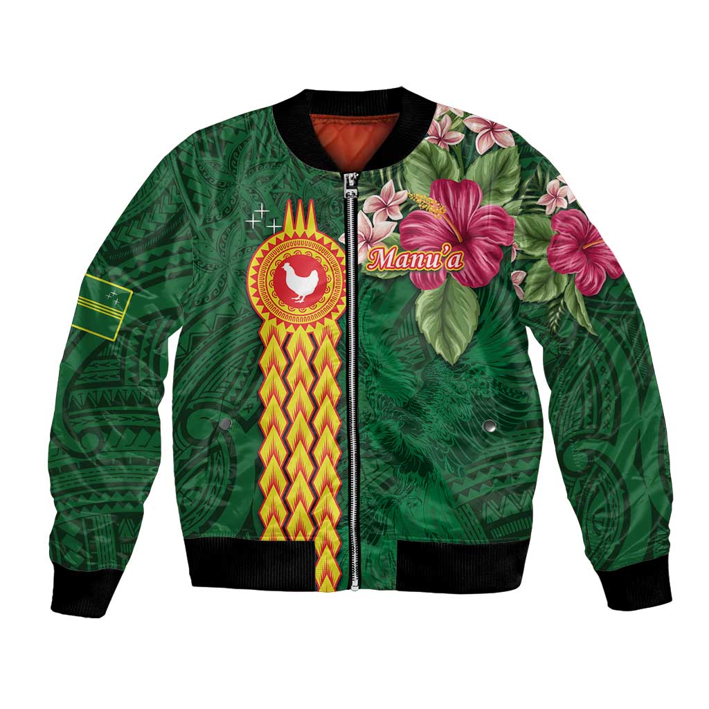 Personalised Manuʻa Islands Bomber Jacket Polynesian Style with Rooster Tattoo and Tropical Plants LT03 Unisex Green - Polynesian Pride