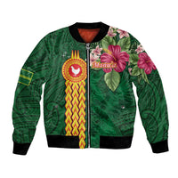 Personalised Manuʻa Islands Bomber Jacket Polynesian Style with Rooster Tattoo and Tropical Plants LT03 Unisex Green - Polynesian Pride