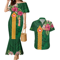 Manuʻa Islands Couples Matching Mermaid Dress and Hawaiian Shirt Polynesian Style with Rooster Tattoo and Tropical Plants
