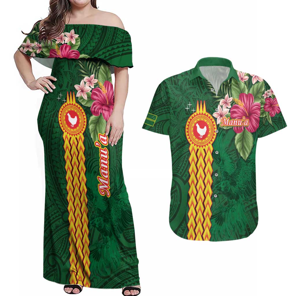 Manuʻa Islands Couples Matching Off Shoulder Maxi Dress and Hawaiian Shirt Polynesian Style with Rooster Tattoo and Tropical Plants
