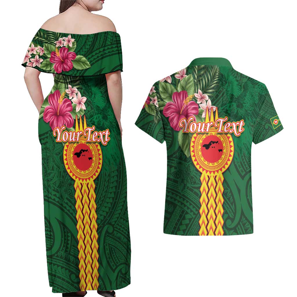 Manuʻa Islands Couples Matching Off Shoulder Maxi Dress and Hawaiian Shirt Polynesian Style with Rooster Tattoo and Tropical Plants