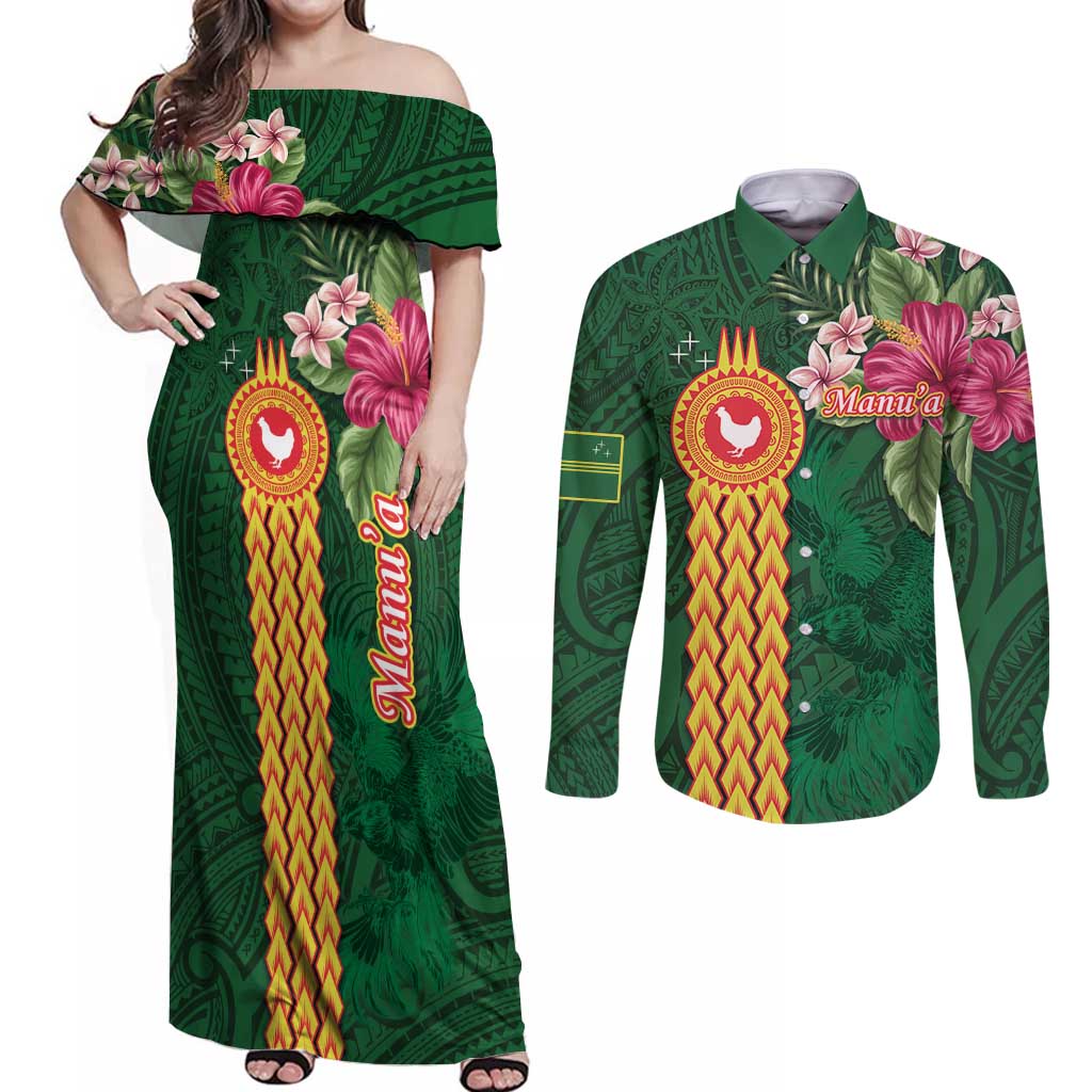 Manuʻa Islands Couples Matching Off Shoulder Maxi Dress and Long Sleeve Button Shirt Polynesian Style with Rooster Tattoo and Tropical Plants