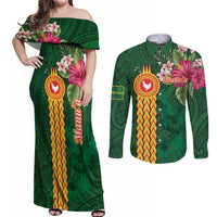 Manuʻa Islands Couples Matching Off Shoulder Maxi Dress and Long Sleeve Button Shirt Polynesian Style with Rooster Tattoo and Tropical Plants