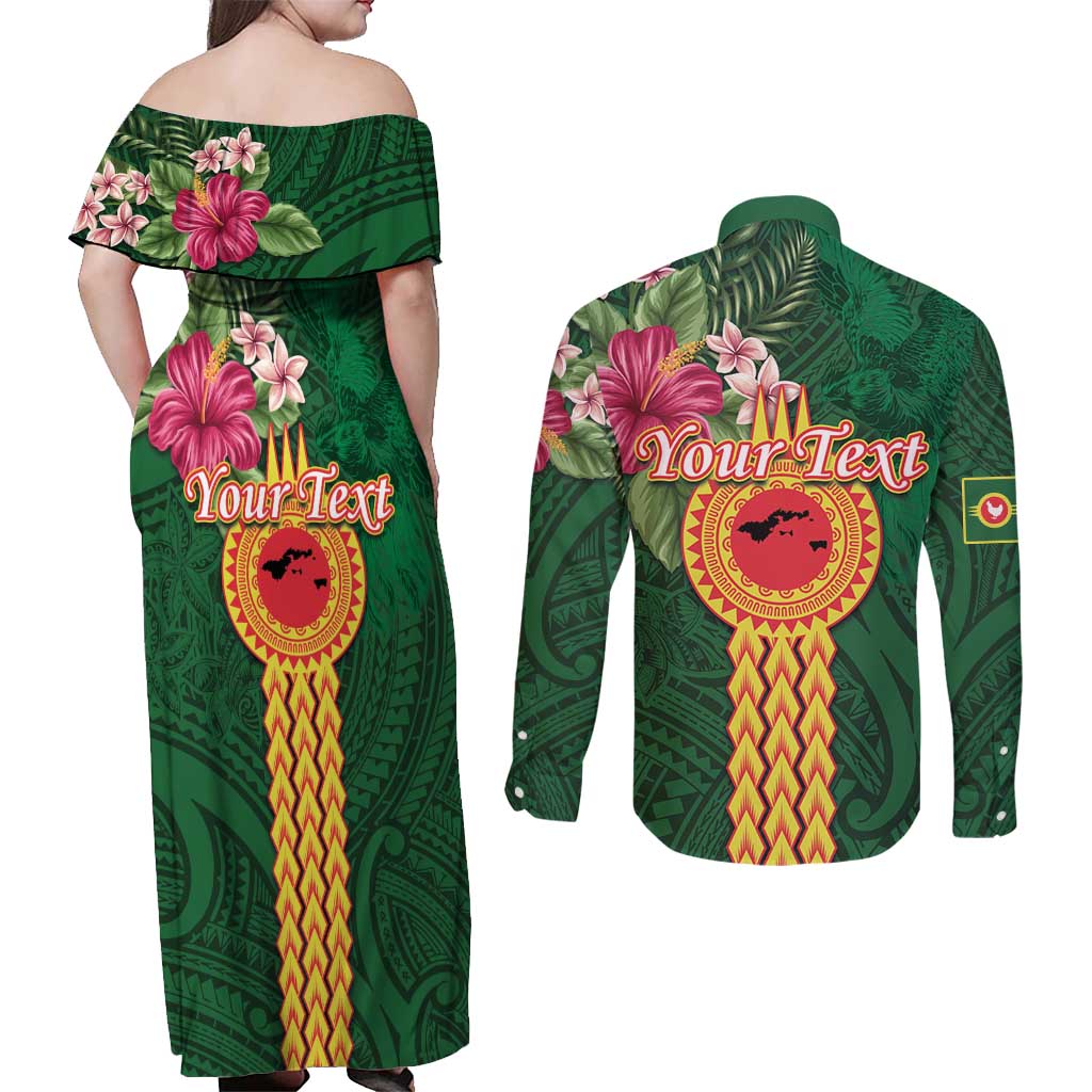 Manuʻa Islands Couples Matching Off Shoulder Maxi Dress and Long Sleeve Button Shirt Polynesian Style with Rooster Tattoo and Tropical Plants