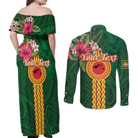 Manuʻa Islands Couples Matching Off Shoulder Maxi Dress and Long Sleeve Button Shirt Polynesian Style with Rooster Tattoo and Tropical Plants