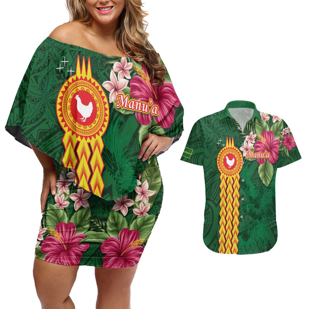Manuʻa Islands Couples Matching Off Shoulder Short Dress and Hawaiian Shirt Polynesian Style with Rooster Tattoo and Tropical Plants
