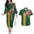 Manuʻa Islands Couples Matching Off The Shoulder Long Sleeve Dress and Hawaiian Shirt Polynesian Style with Rooster Tattoo and Tropical Plants