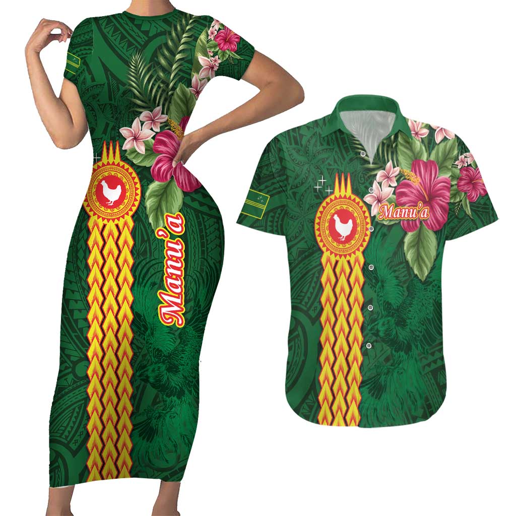 Manuʻa Islands Couples Matching Short Sleeve Bodycon Dress and Hawaiian Shirt Polynesian Style with Rooster Tattoo and Tropical Plants
