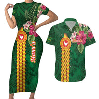 Manuʻa Islands Couples Matching Short Sleeve Bodycon Dress and Hawaiian Shirt Polynesian Style with Rooster Tattoo and Tropical Plants