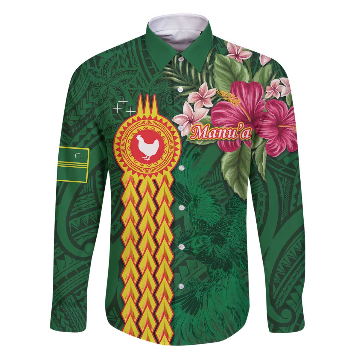 Manuʻa Islands Family Matching Off The Shoulder Long Sleeve Dress and Hawaiian Shirt Polynesian Style with Rooster Tattoo and Tropical Plants