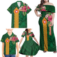 Manuʻa Islands Family Matching Off Shoulder Maxi Dress and Hawaiian Shirt Polynesian Style with Rooster Tattoo and Tropical Plants