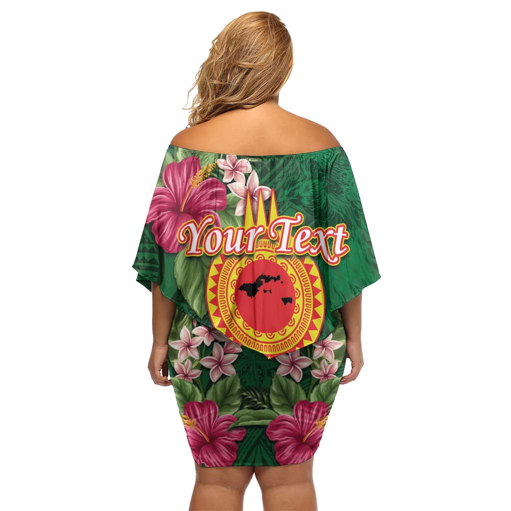 Manuʻa Islands Family Matching Off Shoulder Short Dress and Hawaiian Shirt Polynesian Style with Rooster Tattoo and Tropical Plants