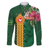 Personalised Manuʻa Islands Family Matching Tank Maxi Dress and Hawaiian Shirt Polynesian Style with Rooster Tattoo and Tropical Plants LT03 Dad's Shirt - Long Sleeve Green - Polynesian Pride