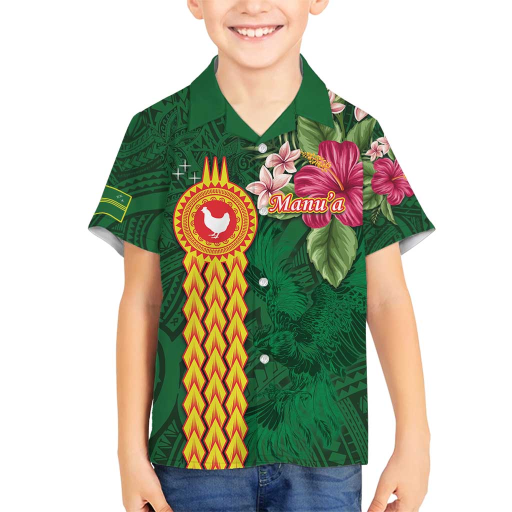 Personalised Manuʻa Islands Family Matching Tank Maxi Dress and Hawaiian Shirt Polynesian Style with Rooster Tattoo and Tropical Plants LT03 Son's Shirt Green - Polynesian Pride