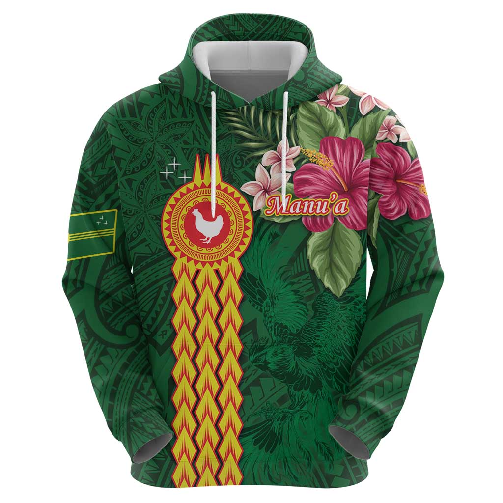 Manuʻa Islands Hoodie Polynesian Style with Rooster Tattoo and Tropical Plants