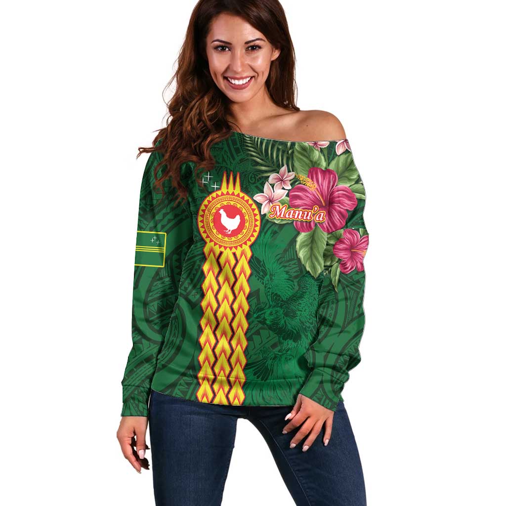 Personalised Manuʻa Islands Off Shoulder Sweater Polynesian Style with Rooster Tattoo and Tropical Plants LT03 Women Green - Polynesian Pride