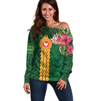 Manuʻa Islands Off Shoulder Sweater Polynesian Style with Rooster Tattoo and Tropical Plants