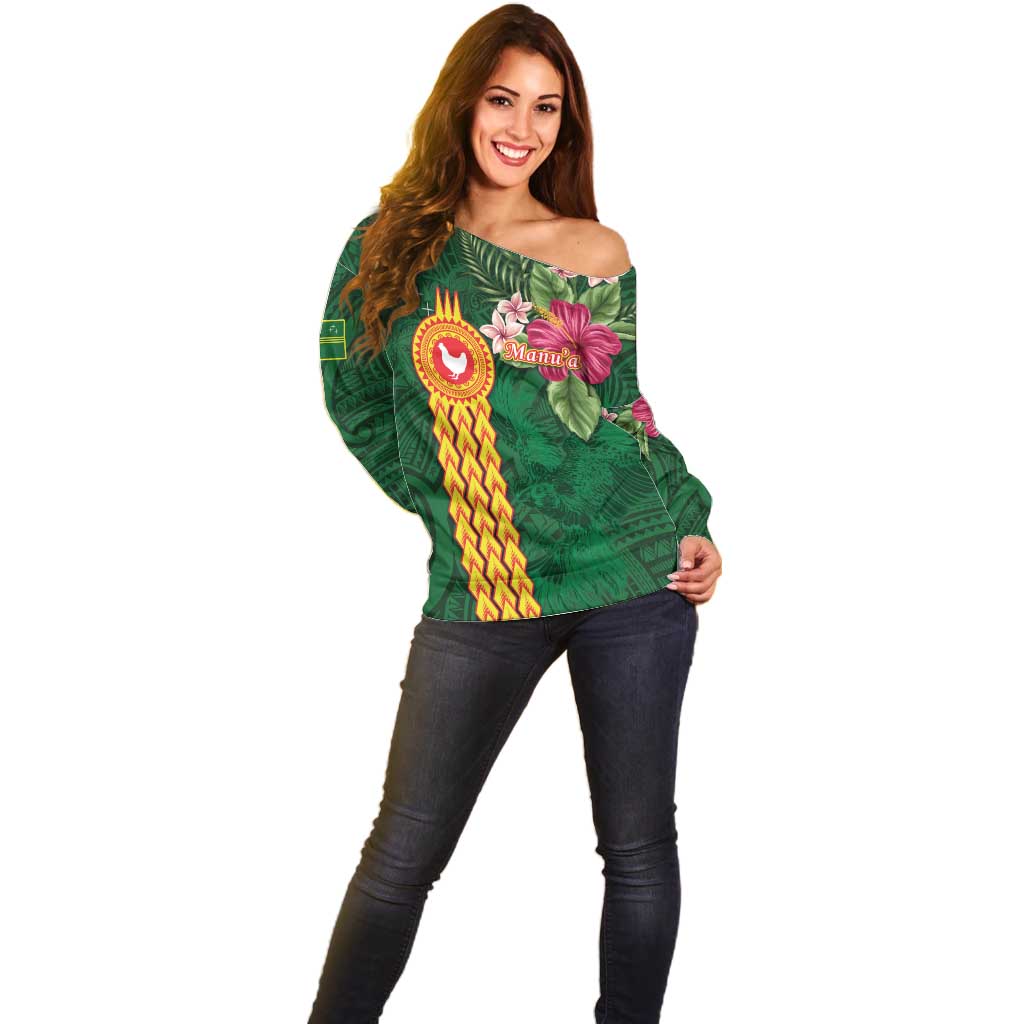 Manuʻa Islands Off Shoulder Sweater Polynesian Style with Rooster Tattoo and Tropical Plants