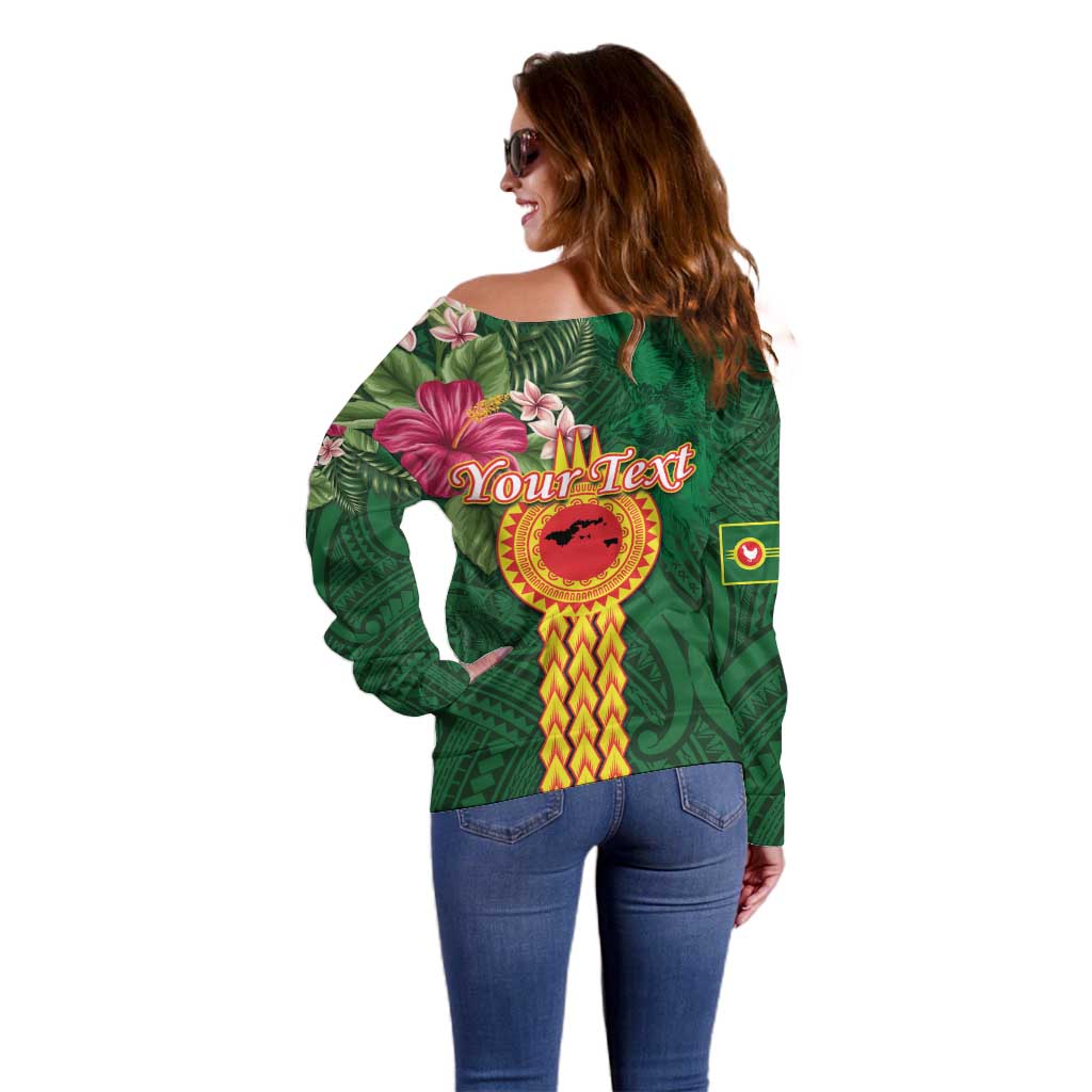 Manuʻa Islands Off Shoulder Sweater Polynesian Style with Rooster Tattoo and Tropical Plants