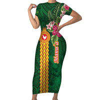 Manuʻa Islands Short Sleeve Bodycon Dress Polynesian Style with Rooster Tattoo and Tropical Plants