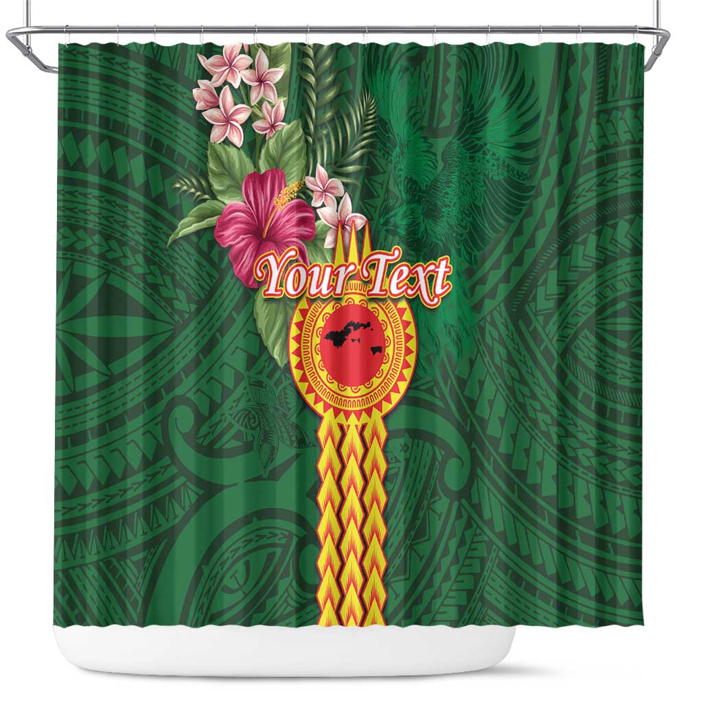 Personalised Manuʻa Islands Shower Curtain Polynesian Style with Rooster Tattoo and Tropical Plants LT03 Green - Polynesian Pride