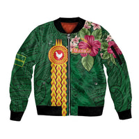 Personalised Manuʻa Islands Sleeve Zip Bomber Jacket Polynesian Style with Rooster Tattoo and Tropical Plants LT03 Unisex Green - Polynesian Pride