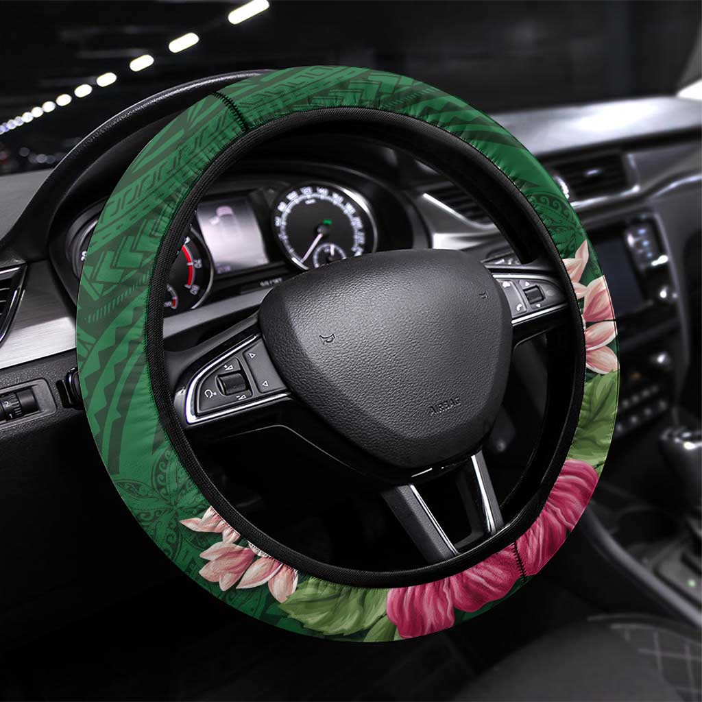 Manuʻa Islands Steering Wheel Cover Polynesian Style with Rooster Tattoo and Tropical Plants LT03 Universal Fit Green - Polynesian Pride