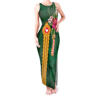 Manuʻa Islands Tank Maxi Dress Polynesian Style with Rooster Tattoo and Tropical Plants