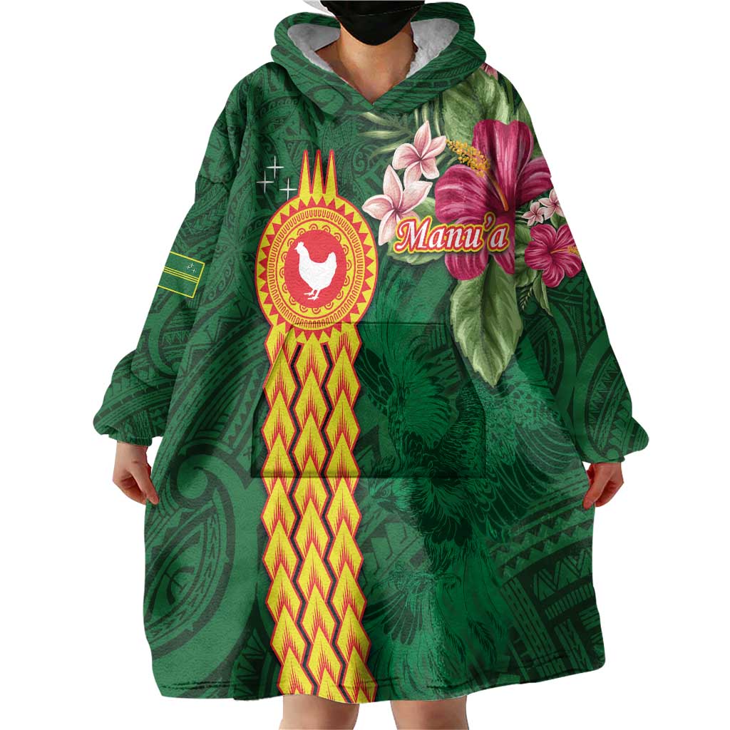 Manuʻa Islands Wearable Blanket Hoodie Polynesian Style with Rooster Tattoo and Tropical Plants