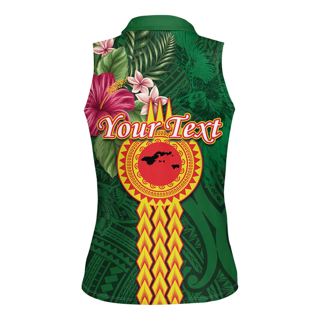 Manuʻa Islands Women Sleeveless Polo Shirt Polynesian Style with Rooster Tattoo and Tropical Plants