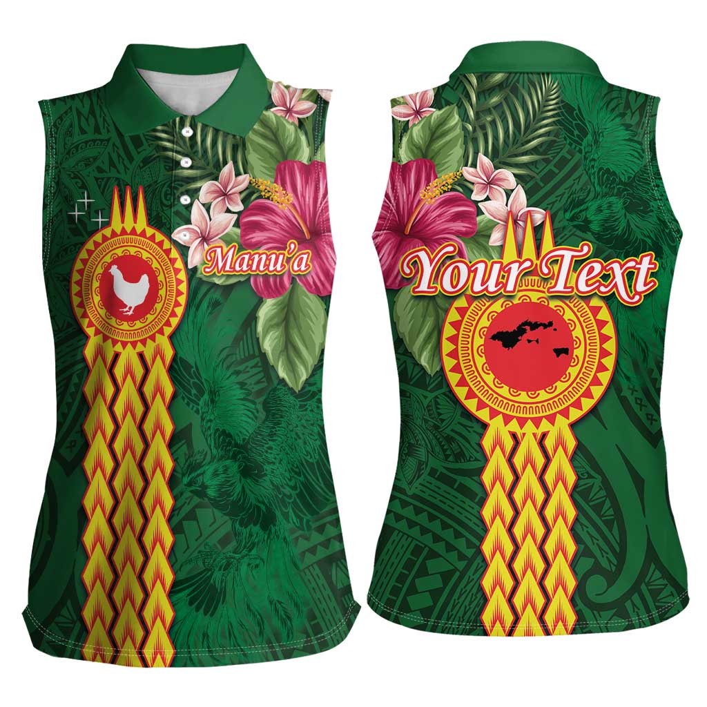 Manuʻa Islands Women Sleeveless Polo Shirt Polynesian Style with Rooster Tattoo and Tropical Plants