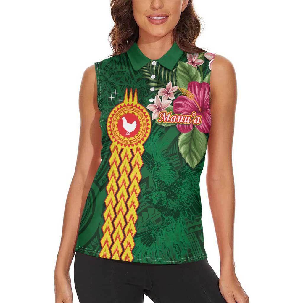 Manuʻa Islands Women Sleeveless Polo Shirt Polynesian Style with Rooster Tattoo and Tropical Plants