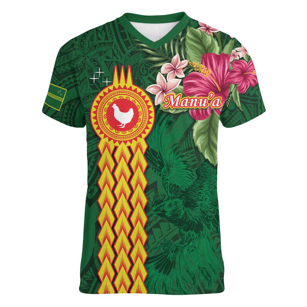Manuʻa Islands Women V-Neck T-Shirt Polynesian Style with Rooster Tattoo and Tropical Plants