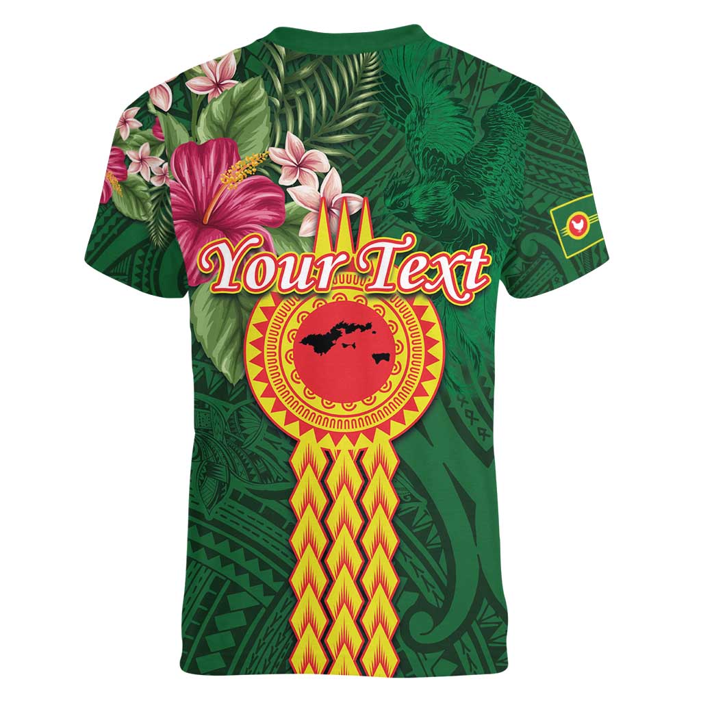 Manuʻa Islands Women V-Neck T-Shirt Polynesian Style with Rooster Tattoo and Tropical Plants