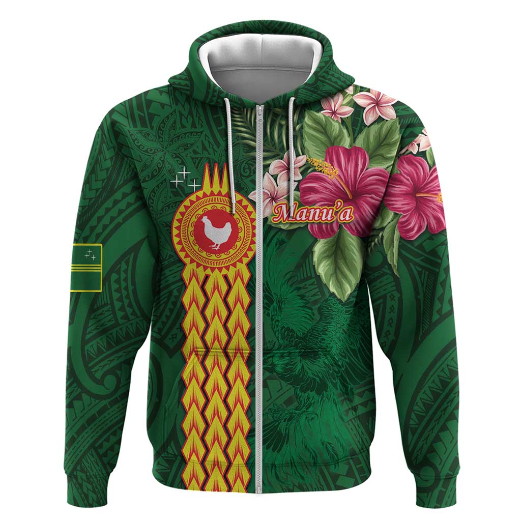 Personalised Manuʻa Islands Zip Hoodie Polynesian Style with Rooster Tattoo and Tropical Plants LT03 Zip Hoodie Green - Polynesian Pride