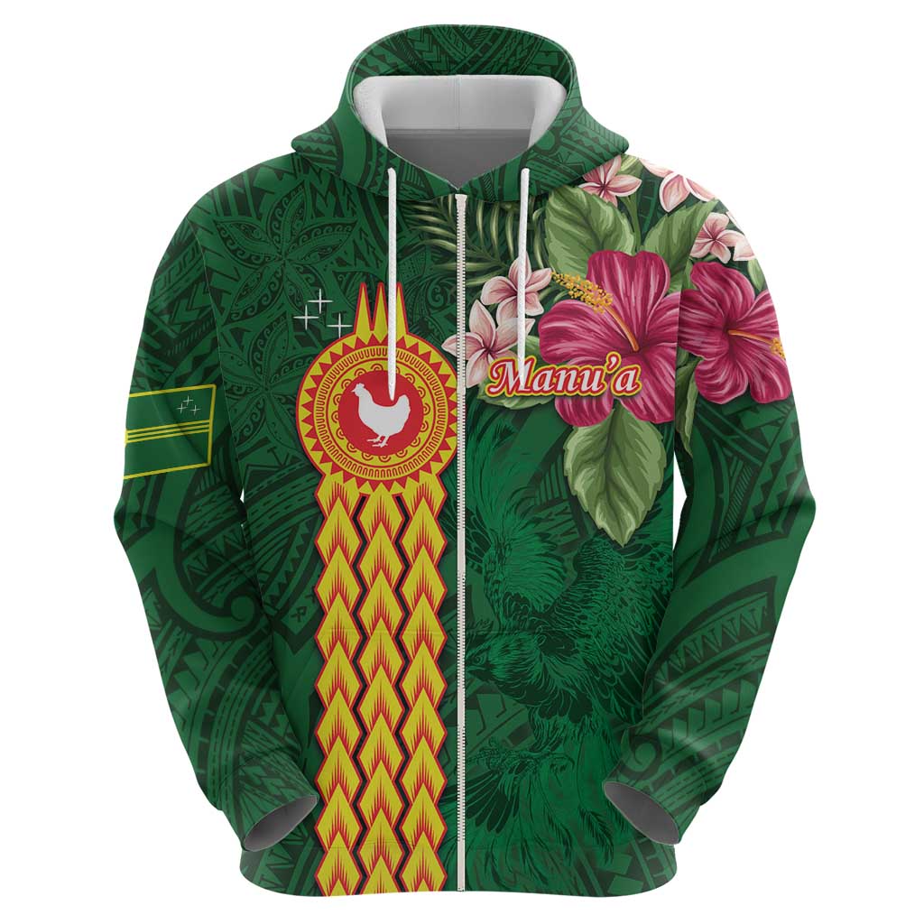 Personalised Manuʻa Islands Zip Hoodie Polynesian Style with Rooster Tattoo and Tropical Plants LT03 - Polynesian Pride