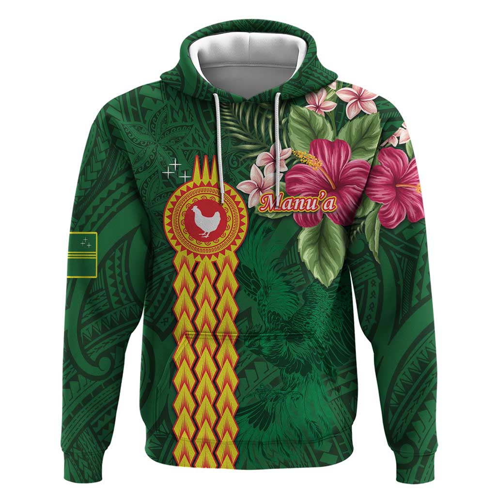Personalised Manuʻa Islands Zip Hoodie Polynesian Style with Rooster Tattoo and Tropical Plants LT03 Pullover Hoodie Green - Polynesian Pride