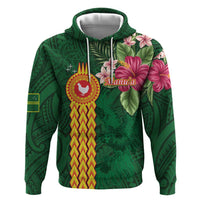 Personalised Manuʻa Islands Zip Hoodie Polynesian Style with Rooster Tattoo and Tropical Plants LT03 Pullover Hoodie Green - Polynesian Pride