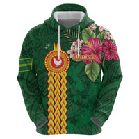 Personalised Manuʻa Islands Zip Hoodie Polynesian Style with Rooster Tattoo and Tropical Plants LT03 - Polynesian Pride