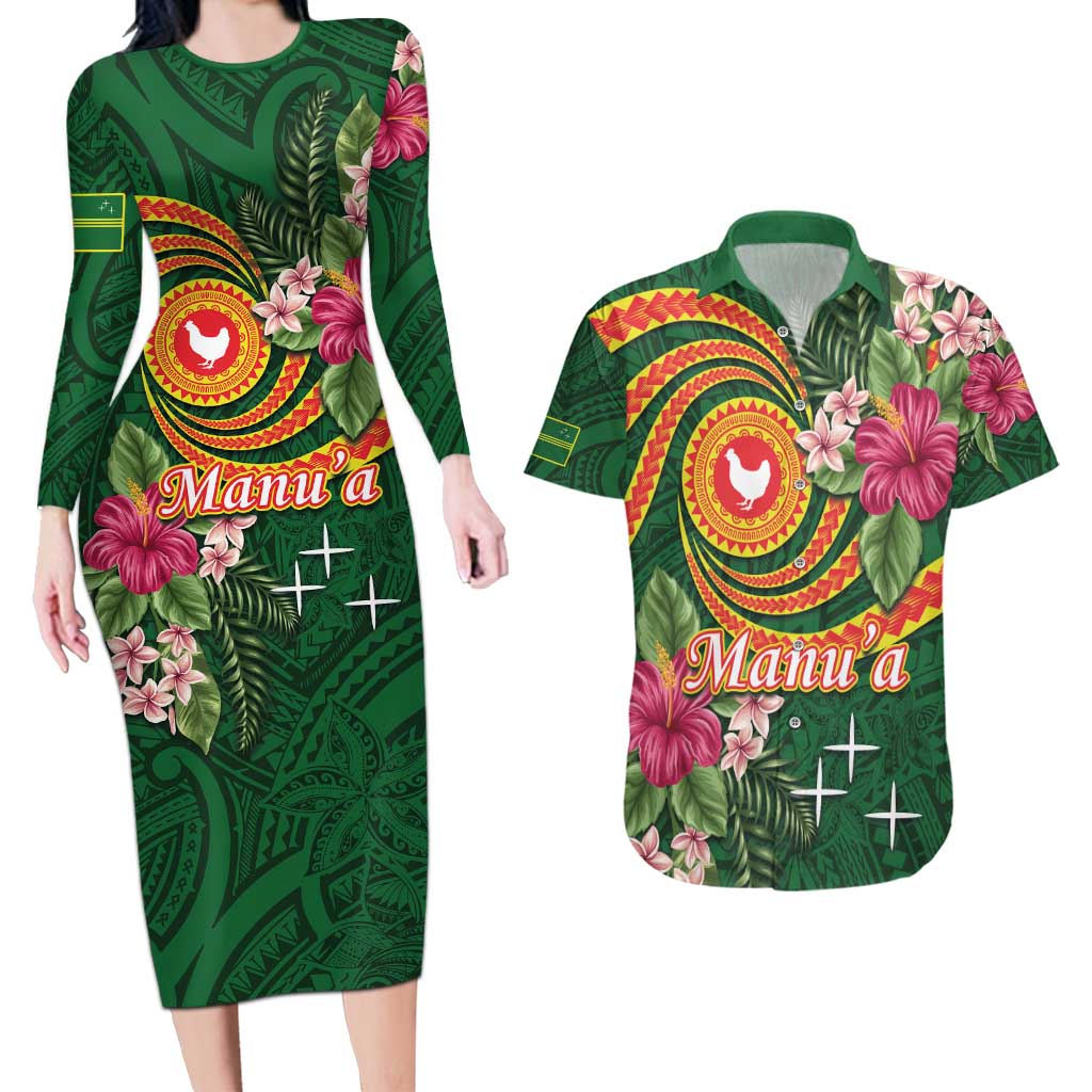 Manuʻa Islands Couples Matching Long Sleeve Bodycon Dress and Hawaiian Shirt Polynesian Art Tattoo Style and Tropical Plants