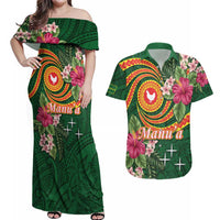 Manuʻa Islands Couples Matching Off Shoulder Maxi Dress and Hawaiian Shirt Polynesian Art Tattoo Style and Tropical Plants