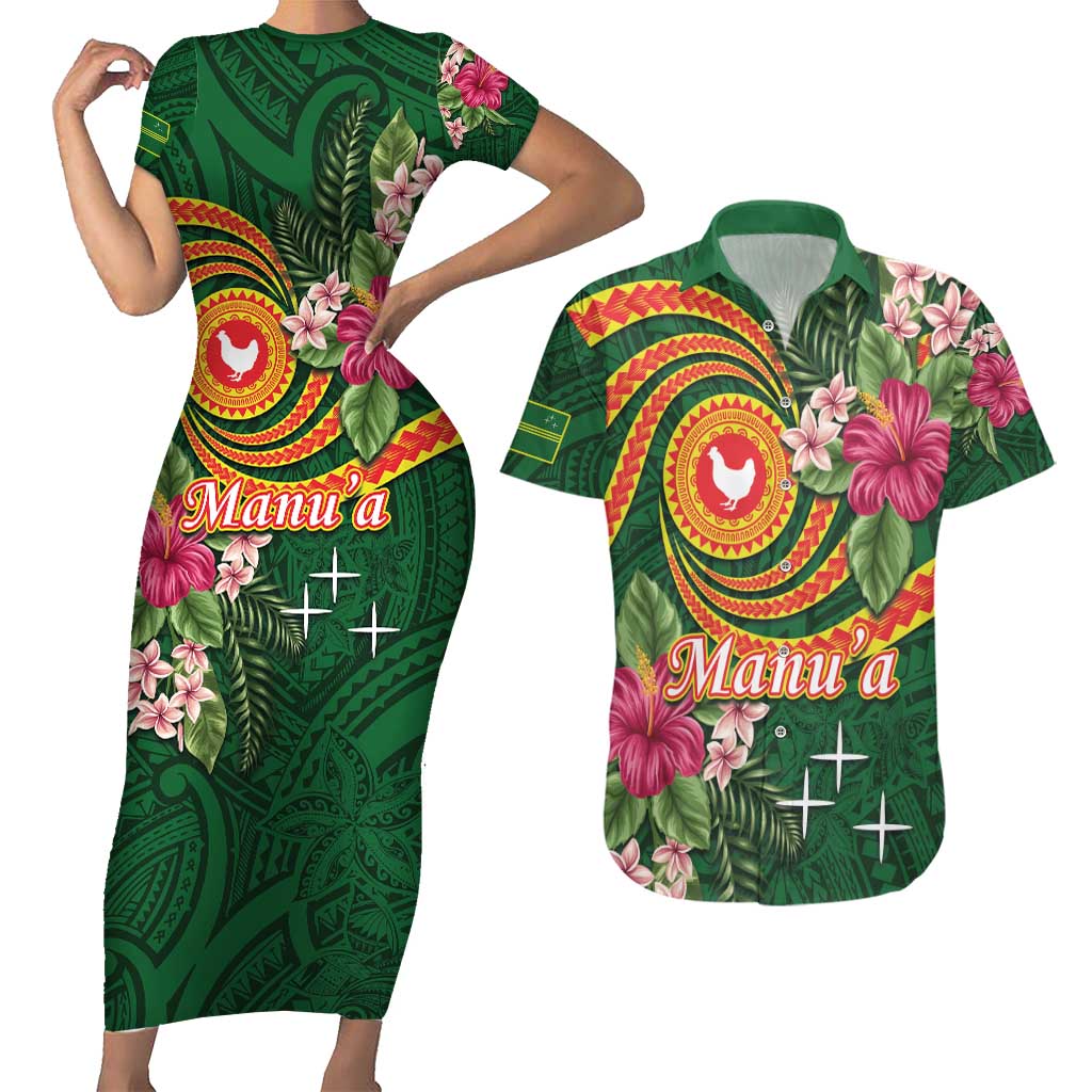 Manuʻa Islands Couples Matching Short Sleeve Bodycon Dress and Hawaiian Shirt Polynesian Art Tattoo Style and Tropical Plants