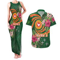Manuʻa Islands Couples Matching Tank Maxi Dress and Hawaiian Shirt Polynesian Art Tattoo Style and Tropical Plants