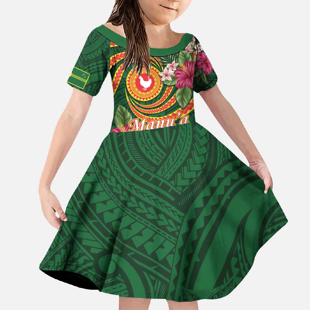 Personalised Manuʻa Islands Family Matching Mermaid Dress and Hawaiian Shirt Polynesian Art Tattoo Style and Tropical Plants LT03 Daughter's Dress Green - Polynesian Pride